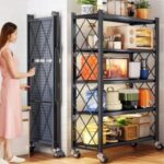 5-Tier Heavy Duty Foldable Metal Rack Storage Shelving Unit With Wheels Moving Easily Organizer Shelves
